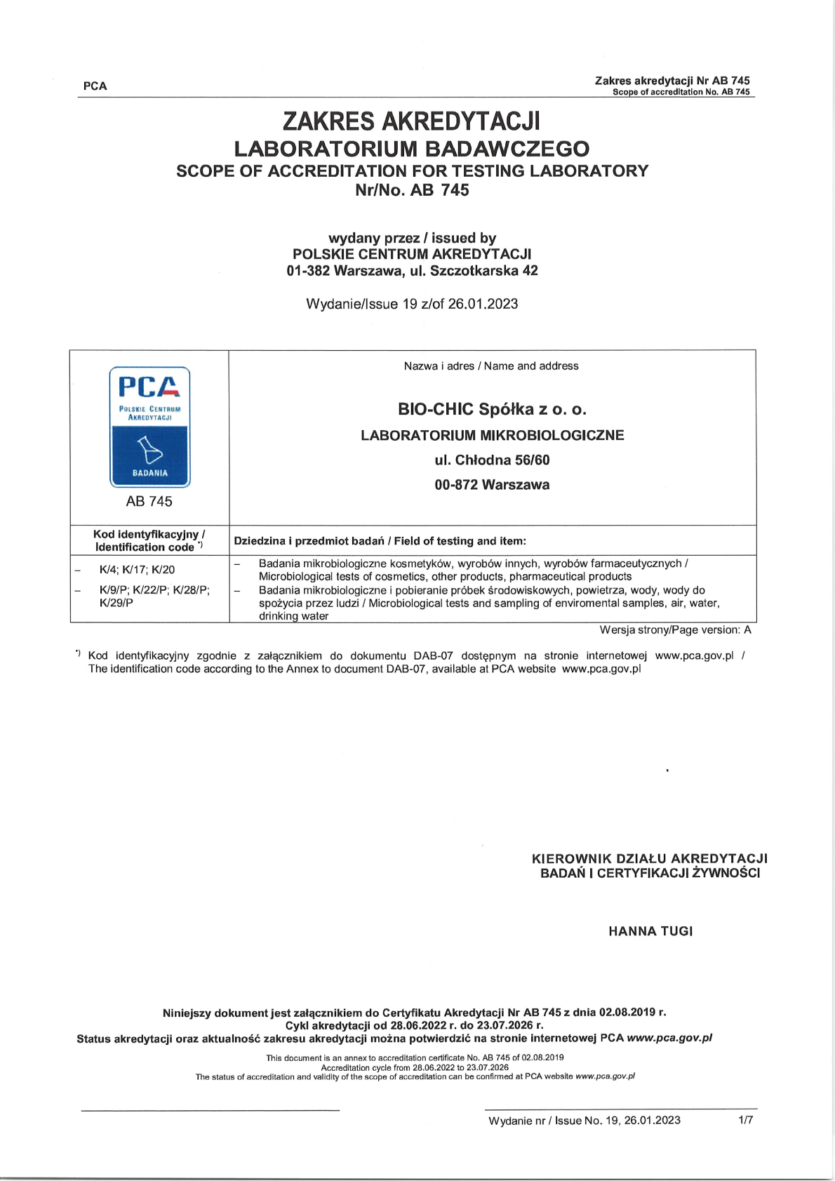 Zakres akredytacji PCA