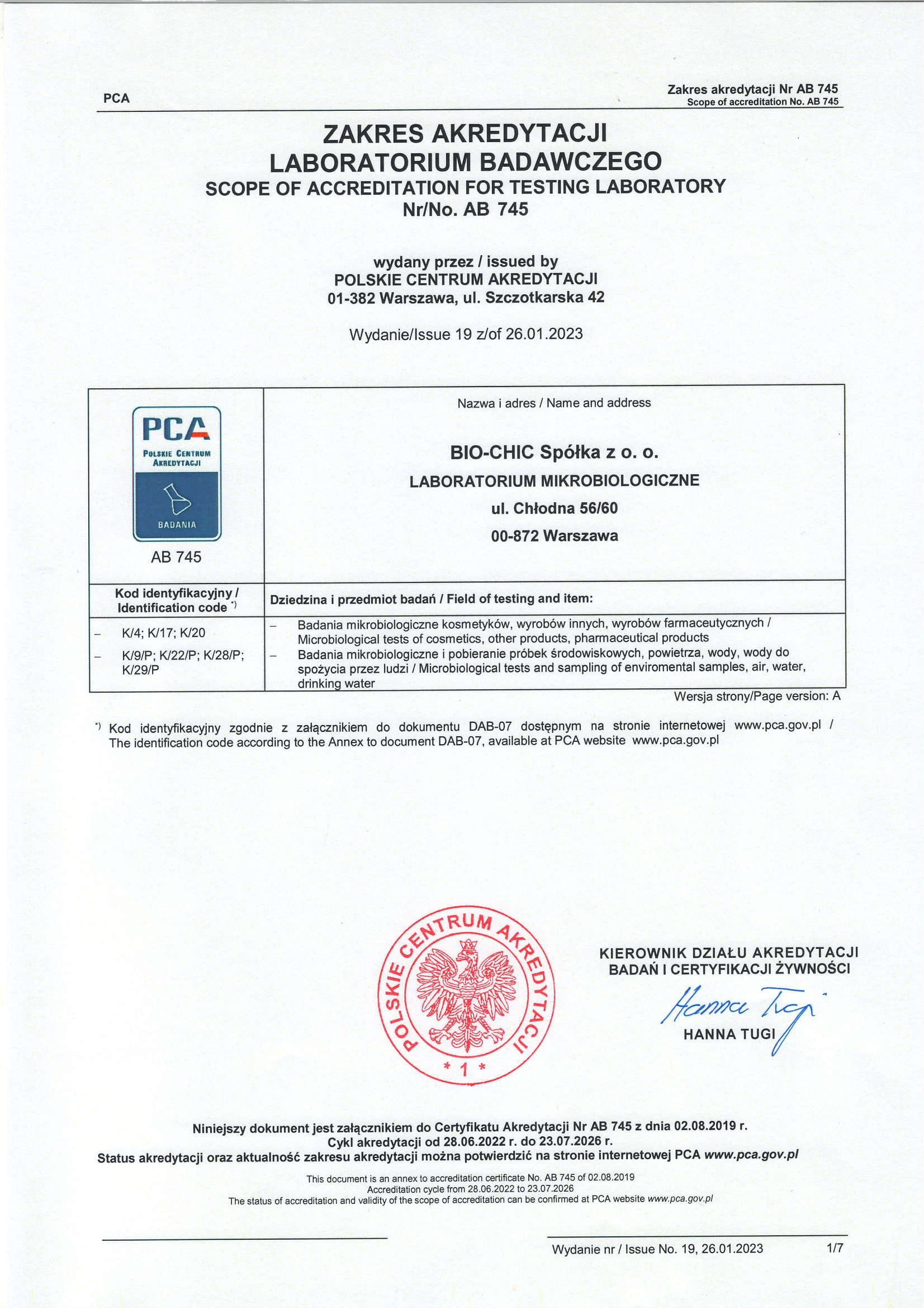 Zakres akredytacji PCA